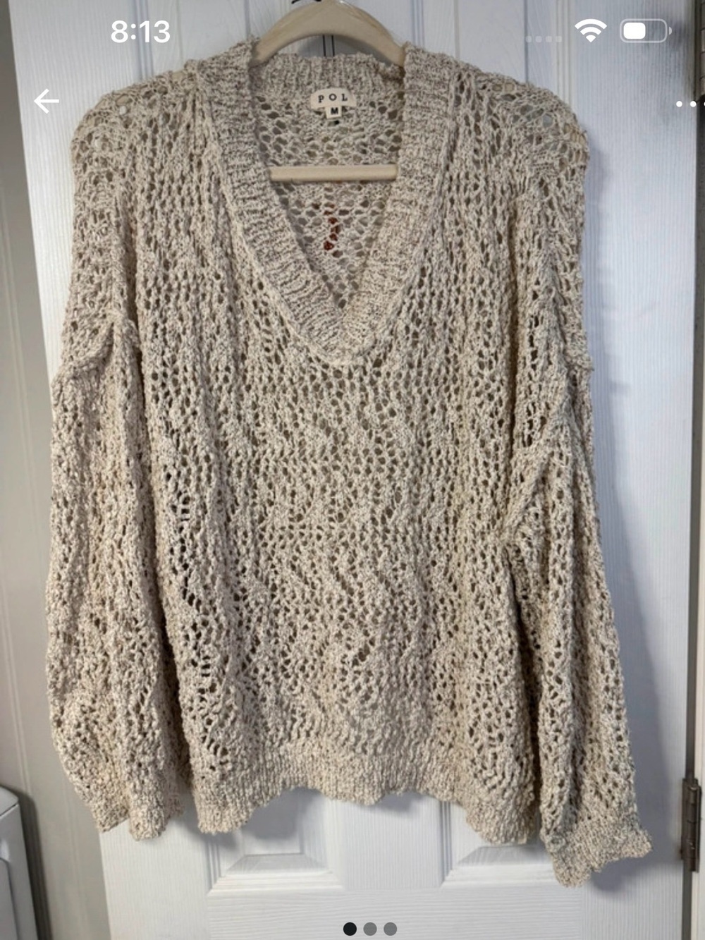 POL Oatmeal Crochet Open Knit Oversized V Neck Sweater M - Picture 3 of 5